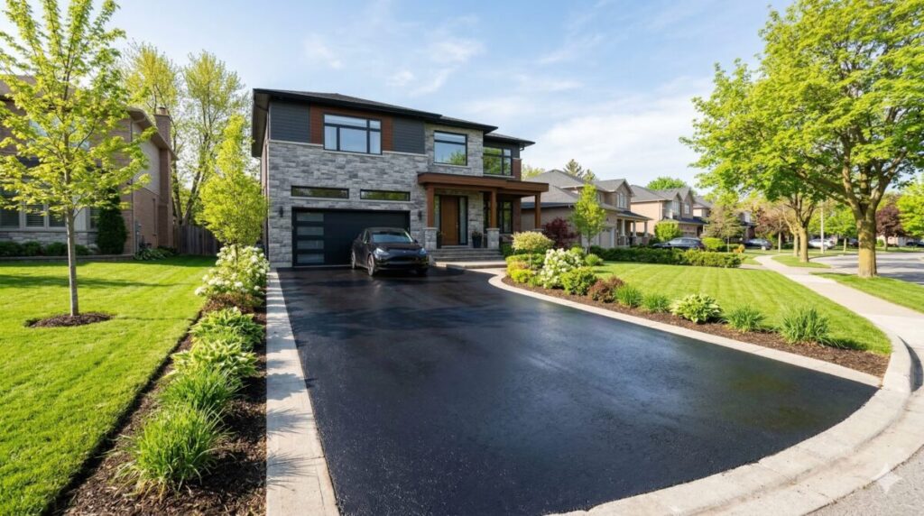 A stunning, horizontal view of a dark, freshly sealed asphalt driveway at a modern home in a GTA suburb during a bright spring morning. No Limit Sealing - Affordable Driveway Sealing, Interlock Sealing, Garage Ramp Installation, Driveway Extension, Crack Filling, Driveway Painting, Pressure washing, and Asphalt Maintenance in Vaughan, Richmond Hill, Maple, Markham, Woodbridge, Aurora - pothole repair and driveways maintenance
