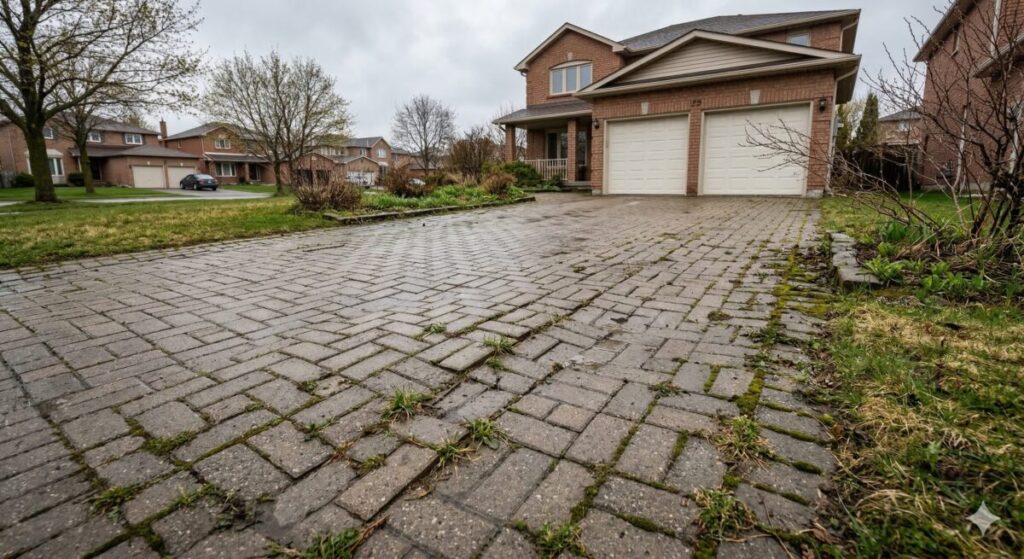 Photorealistic wide-angle image of a residential interlocking stone driveway in a Canadian suburban neighborhood (GTA setting) showing clear signs of neglect. Several pavers are visibly shifted and uneven, with weeds growing between the joints. One section shows slight rutting where car tires have compressed the surface. Early spring setting with overcast sky, damp stones, and patchy green lawn nearby. A brick detached home and garage in the background. No Limit Sealing - Affordable Driveway Sealing, Interlock Sealing, Garage Ramp Installation, Driveway Extension, Crack Filling, Driveway Painting, Pressure washing, and Asphalt Maintenance in Vaughan, Richmond Hill, Maple, Markham, Woodbridge, Aurora - interlock driveway sealing and maintenance.
