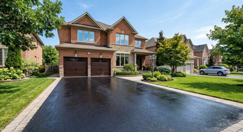 A wide-angle image of a residential interlocking stone driveway in a Canadian suburban neighborhood (GTA setting) showing clear signs of neglect. Several pavers are visibly shifted and uneven, with weeds growing between the joints. One section shows slight rutting where car tires have compressed the surface. Early spring setting with overcast sky, damp stones, and patchy green lawn nearby. A brick detached home and garage in the background. No Limit Sealing - Affordable Driveway Sealing, Interlock Sealing, Garage Ramp Installation, Driveway Extension, Crack Filling, Driveway Painting, Pressure washing, and Asphalt Maintenance in Vaughan, Richmond Hill, Maple, Markham, Woodbridge, Aurora - interlock driveway sealing and maintenance.