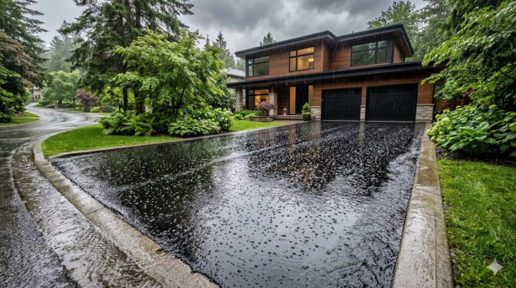 Photorealistic wide-angle image of a residential interlocking stone driveway in a Canadian suburban neighborhood (GTA setting) showing clear signs of neglect. Several pavers are visibly shifted and uneven, with weeds growing between the joints. One section shows slight rutting where car tires have compressed the surface. Early spring setting with overcast sky, damp stones, and patchy green lawn nearby. A brick detached home and garage in the background. No Limit Sealing - Affordable Driveway Sealing, Interlock Sealing, Garage Ramp Installation, Driveway Extension, Crack Filling, Driveway Painting, Pressure washing, and Asphalt Maintenance in Vaughan, Richmond Hill, Maple, Markham, Woodbridge, Aurora - interlock driveway sealing and maintenance.