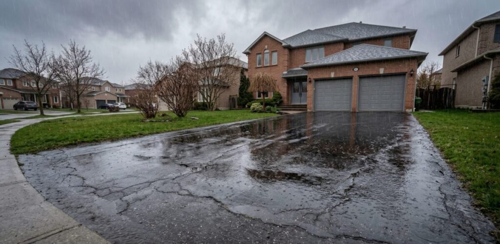 Photorealistic wide-angle image of a residential interlocking stone driveway in a Canadian suburban neighborhood (GTA setting) showing clear signs of neglect. Several pavers are visibly shifted and uneven, with weeds growing between the joints. One section shows slight rutting where car tires have compressed the surface. Early spring setting with overcast sky, damp stones, and patchy green lawn nearby. A brick detached home and garage in the background. No Limit Sealing - Affordable Driveway Sealing, Interlock Sealing, Garage Ramp Installation, Driveway Extension, Crack Filling, Driveway Painting, Pressure washing, and Asphalt Maintenance in Vaughan, Richmond Hill, Maple, Markham, Woodbridge, Aurora - interlock driveway sealing and maintenance.
