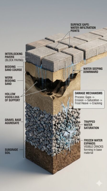 Photorealistic cutaway cross-section of an interlocking stone driveway illustrating hidden water damage beneath the surface. Top layer shows slightly shifted pavers with gaps between them. Below the surface, bedding sand is visibly washed away, creating hollow voids. Water is shown seeping downward into the gravel base. In the lower section, frozen water expands with visible cracks forming in the base material. No Limit Sealing - Affordable Driveway Sealing, Interlock Sealing, Garage Ramp Installation, Driveway Extension, Crack Filling, Driveway Painting, Pressure washing, and Asphalt Maintenance in Vaughan, Richmond Hill, Maple, Markham, Woodbridge, Aurora - interlock driveway sealing and maintenance.
