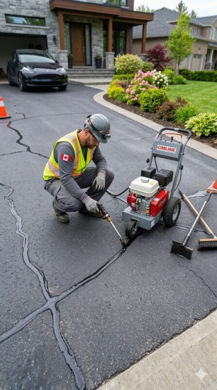 A horizontal image showing a contractor using professional equipment to fill cracks in a residential driveway, preparing it for the spring season. No Limit Sealing - Affordable Driveway Sealing, Interlock Sealing, Garage Ramp Installation, Driveway Extension, Crack Filling, Driveway Painting, Pressure washing, and Asphalt Maintenance in Vaughan, Richmond Hill, Maple, Markham, Woodbridge, Aurora - pothole repair and driveways maintenance.