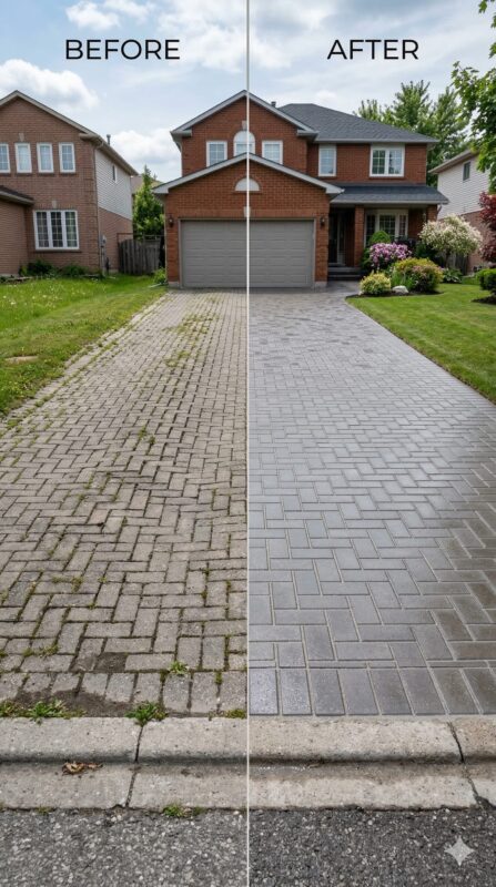 Photorealistic vertical split-screen comparison of an interlock driveway before and after professional restoration in a Canadian suburban setting. Left side (Before): Uneven pavers with visible lipping, weeds growing between joints, faded stone color, slight sinking near tire tracks. Right side (After): Perfectly level interlocking stones, clean joints filled with fresh polymeric sand, vibrant restored stone color, smooth surface with no weeds. No Limit Sealing - Affordable Driveway Sealing, Interlock Sealing, Garage Ramp Installation, Driveway Extension, Crack Filling, Driveway Painting, Pressure washing, and Asphalt Maintenance in Vaughan, Richmond Hill, Maple, Markham, Woodbridge, Aurora - interlock driveway sealing and maintenance.