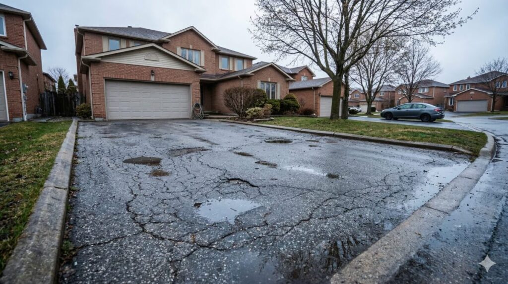 A horizontal split-view image showing a weathered, grey, cracked driveway on one side and a freshly jet-black sealed driveway on the other. No Limit Sealing - Affordable Driveway Sealing, Interlock Sealing, Garage Ramp Installation, Driveway Extension, Crack Filling, Driveway Painting, Pressure washing, and Asphalt Maintenance in Vaughan, Richmond Hill, Maple, Markham, Woodbridge, Aurora - pothole repair and driveways maintenance.
