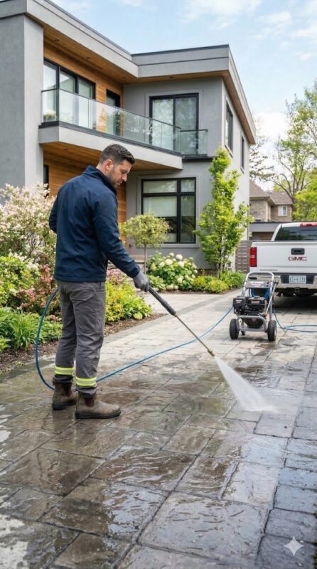A vertical shot of a high-end interlocking stone patio being professionally power washed and sealed in a GTA backyard. No Limit Sealing - Affordable Driveway Sealing, Interlock Sealing, Garage Ramp Installation, Driveway Extension, Crack Filling, Driveway Painting, Pressure washing, and Asphalt Maintenance in Vaughan, Richmond Hill, Maple, Markham, Woodbridge, Aurora - pothole repair and driveways maintenance. 